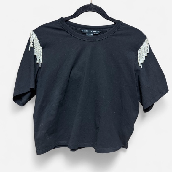 Veronica Beard Rumia Pearl Fringe Embellished Black Top - Picture 2 of 7